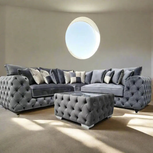 Ashton Chesterfield Corner Sofa – Steel Plush Velvet | Oak Sofa Land 