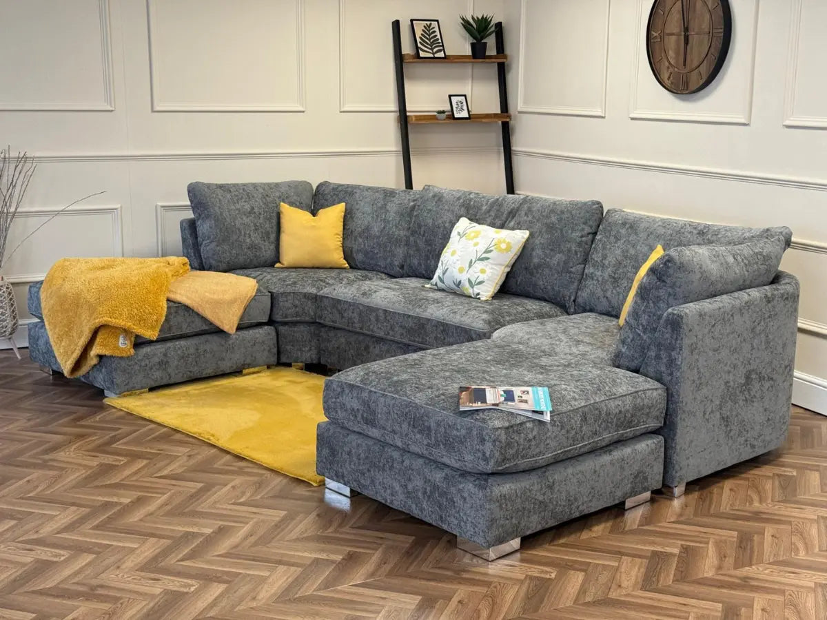 Bishop U Shape Sofa Luxe Chenille Platinum Grey - Oak Sofa Land