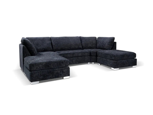 Black Bishop U Shaped Sofa – Full Back Cushions & Chenille Upholstery with Footstools - Oak Sofa Land