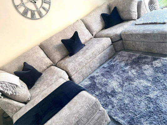 U Shape Corner Sofa – Truffle Chenille with Full Back Cushions & Footstools 