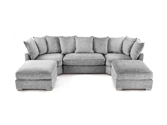 U Shape Corner Sofa – Silver Soft Chenille with Scatter Cushions & Movable Footstools - Oak Sofa Land