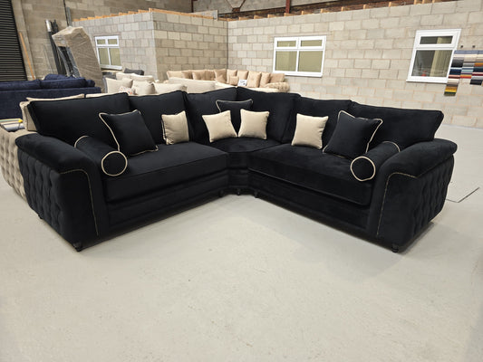 Zara Chesterfield Corner Sofa -  Black Plush Fabric 