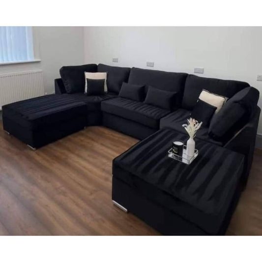 Large Bishop U-Shape Sofa – High Back & Scatter Back | Black Plush Fabric | Oak Sofa Land 