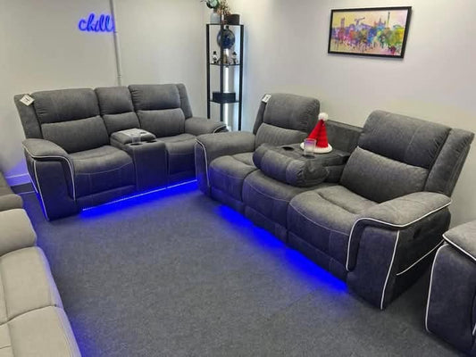 Hannah Micro Fibre Electric Recliner Sofa 3+2 Seater Grey | USB, LED & Cup Holders 