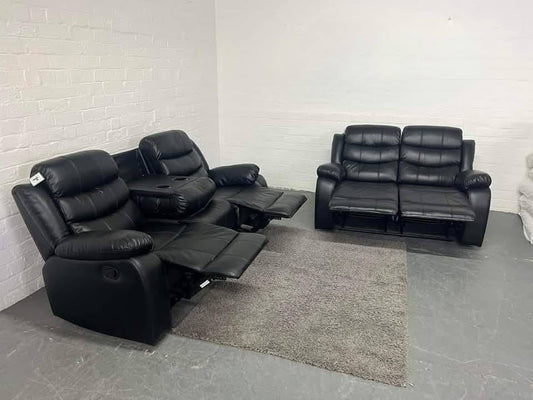 Roma 3+2 Seater Recliner Sofa Set – Black Aire Leather 