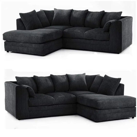 Dylan Black L-Shaped Corner Sofa – Jumbo Cord 3+2 Seater for Small Living Spaces 